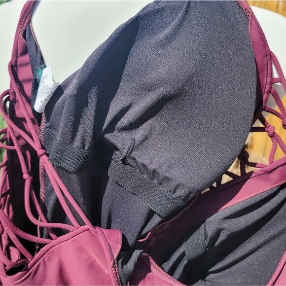 Aqua Green New Currant Red sun blocking lace up one piece swimwear size 26W - Picture 9 of 16